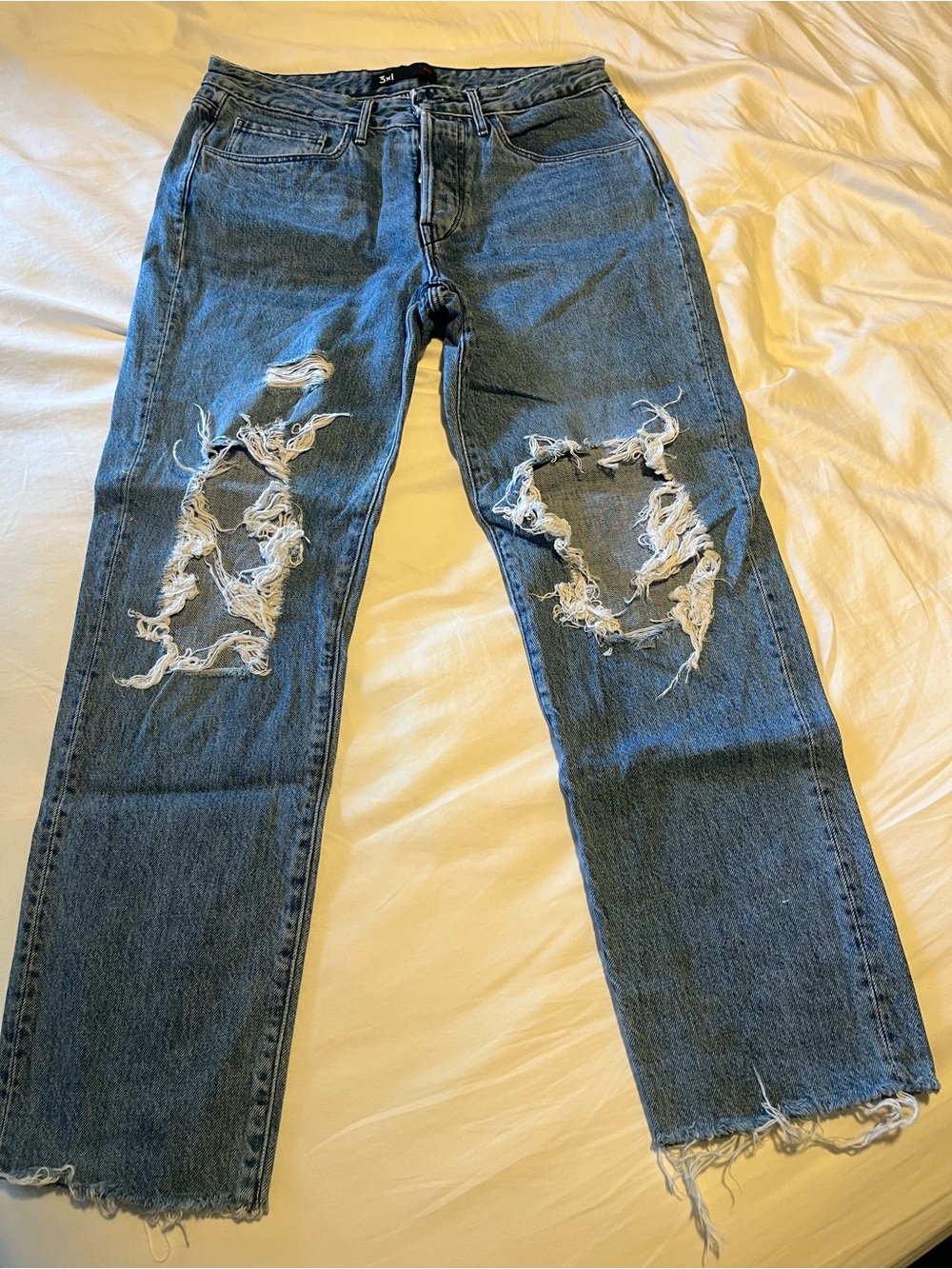 3x1 Womens Straight Jeans in Blue with Distressed Knees